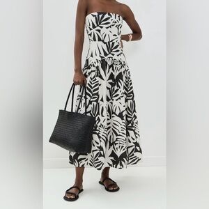Black and White Leaf Print Women's Midi Dress Sleeveless